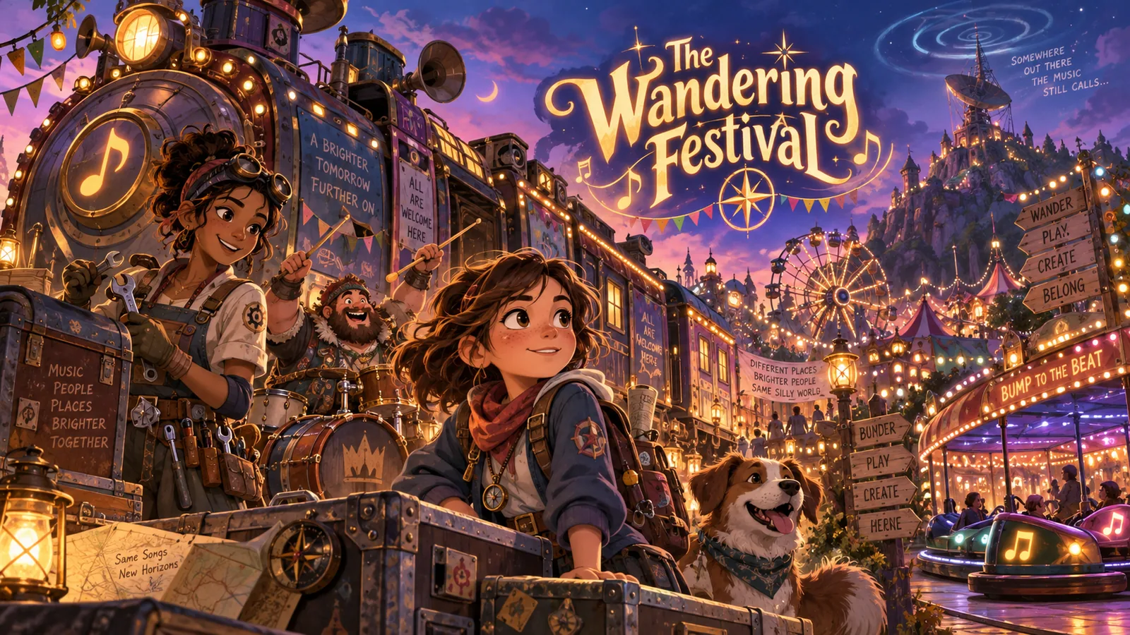 The Wandering Festival: a festival train at dusk, with lanterns and a fairground behind it.